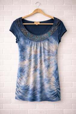 One World Blue Tie Dye Sequined Scoop Neck Cap Sleeve Tunic Top